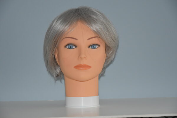 short gray synthetic wig on mannequin head