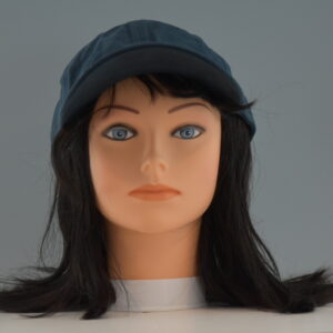 long black chemo diva wig on mannequin head with hat