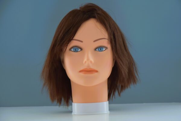 short brown human hair wig on mannequin head