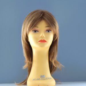 long blonde synthetic wig on mannequin head