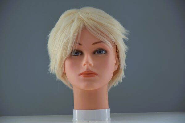 short blonde synthetic wig on mannequin head