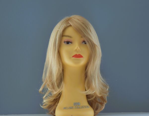 long blonde synthetic wig on mannequin head