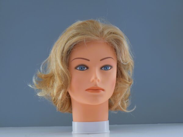short blonde synthetic wig on mannequin head