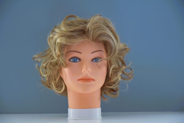 short blonde synthetic wig on mannequin head