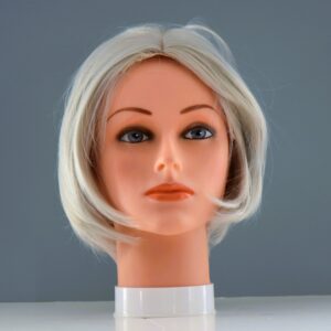 short gray synthetic wig on mannequin head