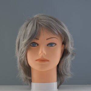 short grey synthetic wig on mannequin head