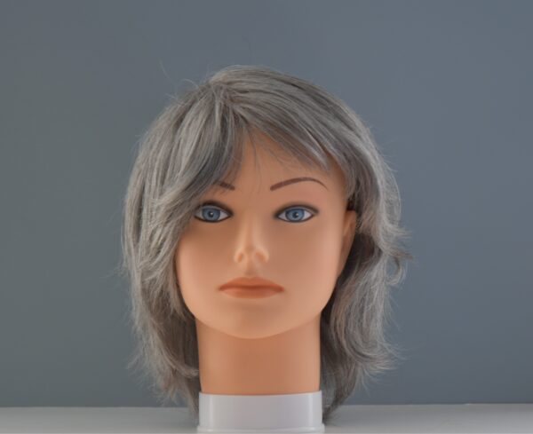 short grey synthetic wig on mannequin head