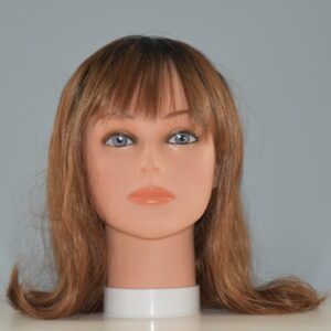 medium length brown synthetic wig on mannequin head
