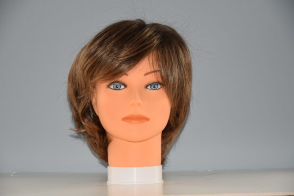 short brown synthetic wig on mannequin head