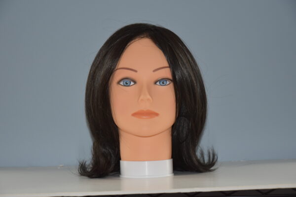 medium length black synthetic wig on mannequin head