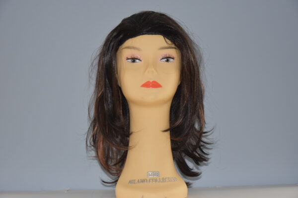 long brown synthetic wig on mannequin head