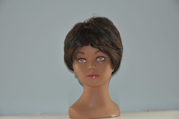 short black synthetic wig on mannequin head