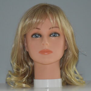 medium length blonde synthetic wig on mannequin head