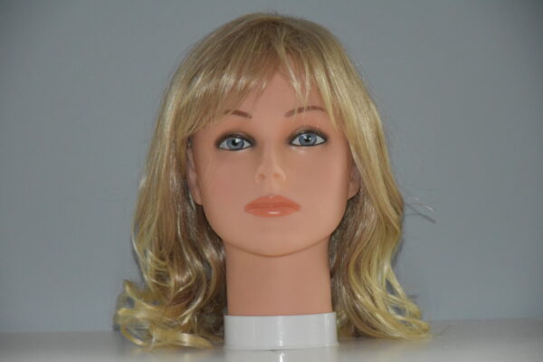 medium length blonde synthetic wig on mannequin head