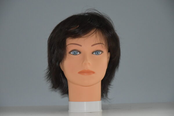 short black synthetic wig on mannequin head