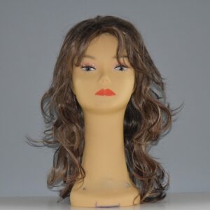 long brown synthetic wig on mannequin head