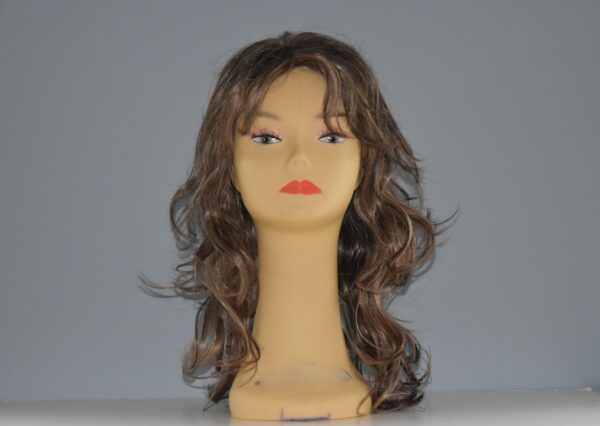 long brown synthetic wig on mannequin head