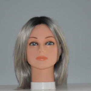 medium length gray synthetic wig on mannequin head