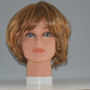 short red synthetic wig on manneqin head
