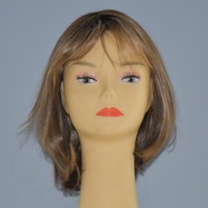medium length brown synthetic wig on mannequin head