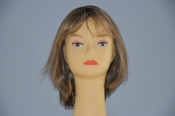 medium length brown synthetic wig on mannequin head