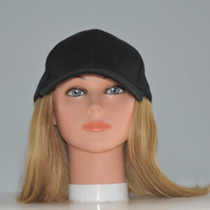 Medium length synthetic blonde wig attached to hat